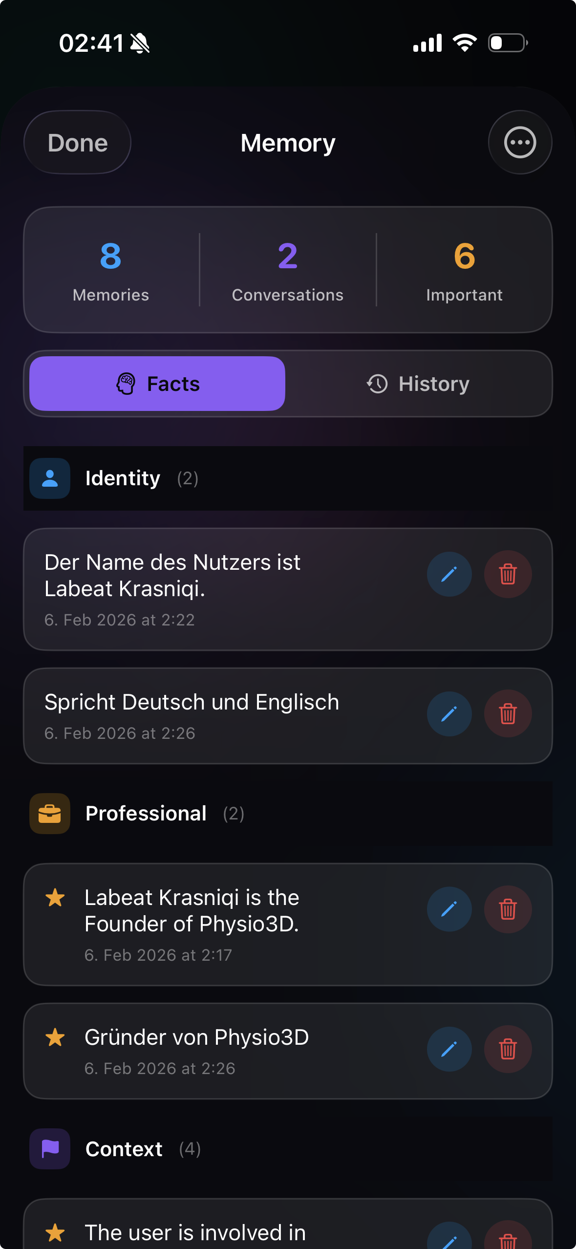 AIToAsk Memory Verwaltung mit Fakten und Kategorien
